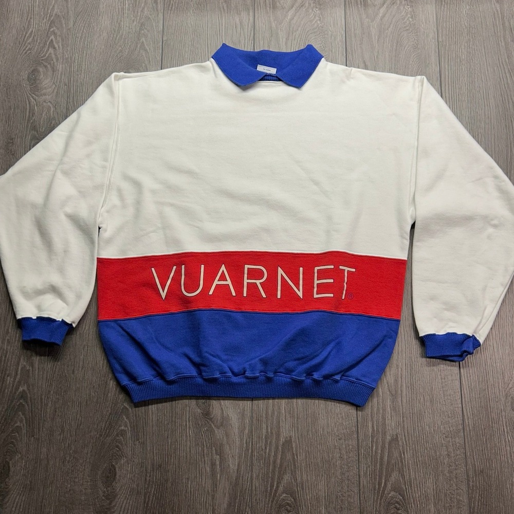 Vintage Vuarnet France Sportswear Sweatshirt XL White Red Blue Polo Collar 90s